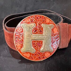 H Hippie Cloisonne Bohemian Wide Belt Art Nouveau Suede Vintage Size Small
